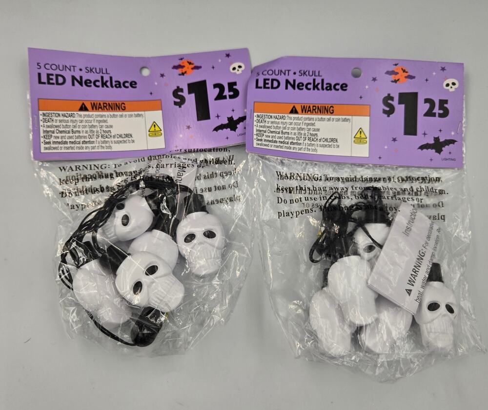 Lot of Two Halloween LED Skull Necklaces with 5 Skulls on Each New in Package